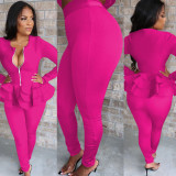 Solid Ruffled Zipper Top Long Pants Two Piece Suits TE-3873