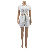 Casual Solid Color Split Short Sleeve Shorts Suit ANDF-1507