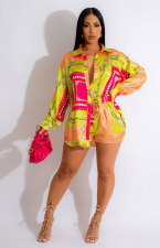 Fashion Printed Long Sleeve Shirt Shorts Two Piece Set XHXF-8663
