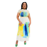 Print Short Sleeve Long Skirt Two Piece Set YF-10386
