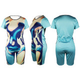 Printed Short Sleeve Shorts Two Piece Set TE-4592