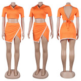 Sexy Slim Lapel Short Sleeve Side Slit Skirt Two Piece Set FSXF-F387