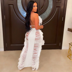 Sexy Beach Tassel Bra Long Skirt Two Piece Set ZSD-0251
