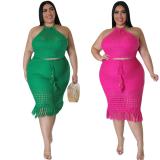 Plus Size Knitted Top And Skirt Two Piece Set OSM-5313