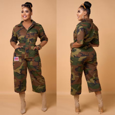 Fashion Camouflage Print Pocket Lapel Jumpsuit YNSF-1889