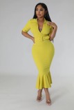 Solid Color Ruffles Waist Belt Midi Dress GYLY-10001