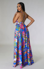 Sexy Sling V Neck Split Print Dress XHXF-348