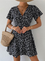 Casual V Neck Tie Up Print Dress FSXF-F390
