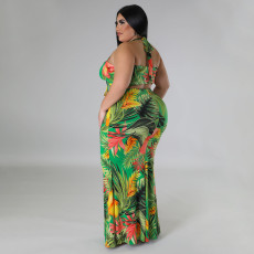 Plus Size Sexy Print Halter Tie Up Skirts Two Piece Set NNWF-7799
