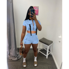 Fashion Zip Short Sleeve Shorts Two Piece Set FOSF-8345
