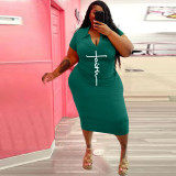 Plus Size Casual Print Lapel Dress WAF-775381