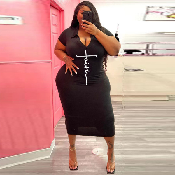 Plus Size Casual Print Lapel Dress WAF-775381