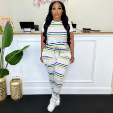 Striped Printed Short Sleeve Pants Two Piece Set TE-4603