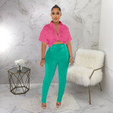 Short Sleeve Shirt Pants Contrast Color 2 Piece Set (With Waist Belt) YF-10447