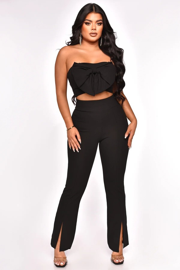 Bow Tie Wrap Chest Vest And Split Micro Flare Pant Set GYLY-10053