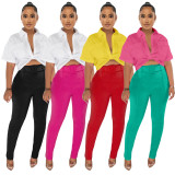 Short Sleeve Shirt Pants Contrast Color 2 Piece Set (With Waist Belt) YF-10447