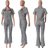 Fashion Print Zip Short Sleeve Pants Two Piece Set HMS-5567