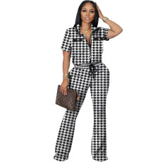 Fashion Print Zip Short Sleeve Pants Two Piece Set HMS-5567