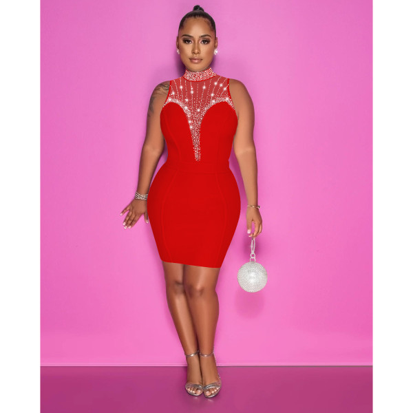 Mesh See Through Hot Drill Mini Dress BY-6163