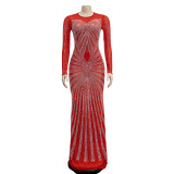 Mesh See Through Hot Drill Maxi Dress BY-6198