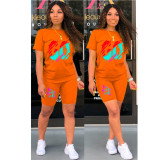 Plus Size Letter Print Short Sleeve Two Piece Shorts Set QXTF-8152