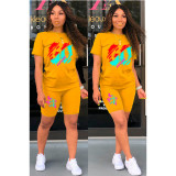 Plus Size Letter Print Short Sleeve Two Piece Shorts Set QXTF-8152