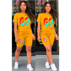 Plus Size Letter Print Short Sleeve Two Piece Shorts Set QXTF-8152