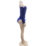 Sexy Wrap Chest Sequin Feather Bodysuit BY-6225