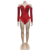Sexy Wrap Chest Sequin Feather Bodysuit BY-6225