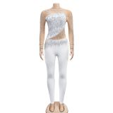 Long Sleeve Mesh Hot Drill Jumpsuits BY-6226