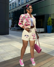 Fashion Print Baseball Coat And Shorts Two Piece Set XYF-9302