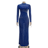 See Through Hot Drill Long Sleeve Dress And Sling Bodysuit Two Piece Set BY-6266