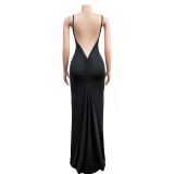 Sexy Deep V Neck Ruched Maxi Dress BY-6292