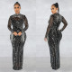 See Through Hot Drill Long Sleeve Dress And Sling Bodysuit Two Piece Set BY-6266