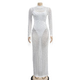 See Through Hot Drill Long Sleeve Dress And Sling Bodysuit Two Piece Set BY-6266