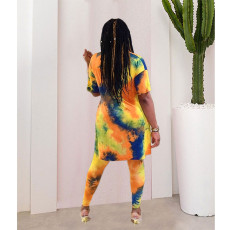 Tie-dye Print Split Top Pants Two Piece Set QXTF-8151