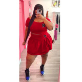 Plus Size Print Short Sleeve Pleated Skirt 2 Piece Set WAF-77426236