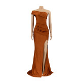Slash Shoulder Sleeveless Split Evening Dress AIL-232