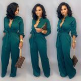 Plus SIze Solid Color Waist Belt Slim Jumpsuit LSD-86022