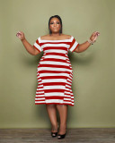 Plus Size Stripe Print Short Sleeve Midi Dress WAF-77551