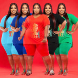 Plus Size V Neck Print Loose Two Piece Shorts Set WAF-7143226