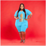 Plus Size V Neck Print Loose Two Piece Shorts Set WAF-7143226