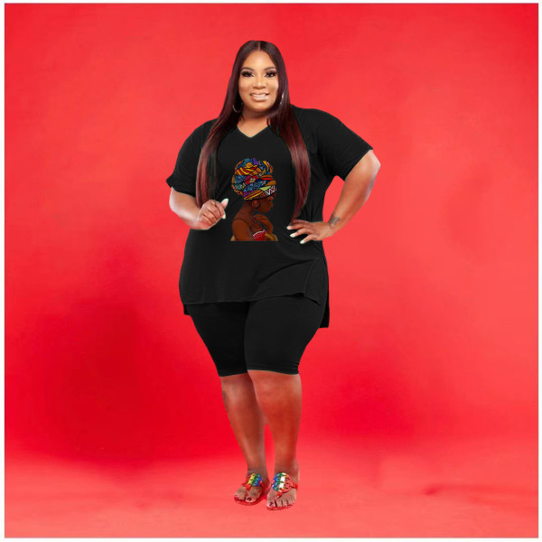 Plus Size Solid Print V Neck Two Piece Shorts Set WAF-7143225