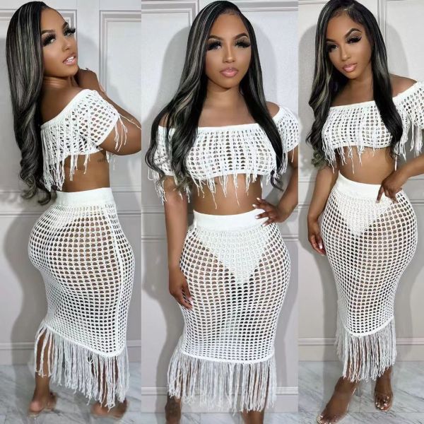 See Through Knit Tassel Two Piece Skirts Set NYF-8142