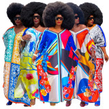 Fashion Print V Neck Loose Maxi Dress NNWF-7785
