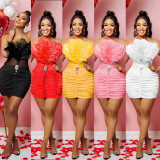 Solid Color Feather Wrap Chest Sleeveless Mini Dress BY-6278