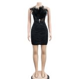 Solid Color Feather Wrap Chest Sleeveless Mini Dress BY-6278