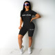 Letter Print Short Sleeve Shorts Slim 2 Piece Set QKYF-71355