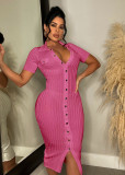 Solid Knits Single-breasted Button Midi Dress OSM-4390