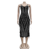 Sexy Mesh Hot Drill Tassel Midi Dress BY-6273